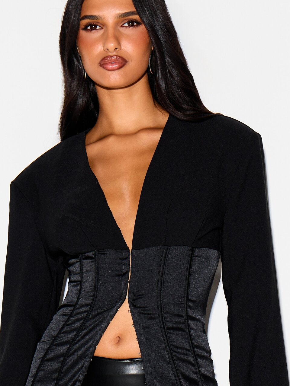 KIZN Cropped Blazer With Corset Waistband And Bell Sleeves