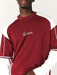 SUMWON Team 09 Color Block Oversized Long Sleeve Crew Neck Jersey Top With Contrast Piping And Varsity Back Print - Burgundy - View 5