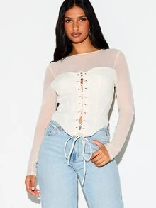 KIZN Mesh Long Sleeve Corset Top With Lace-Up Front Detail Sweetheart Boning Keyhole Back Cut-Out Spring Night Out Party - Beige - View 5
