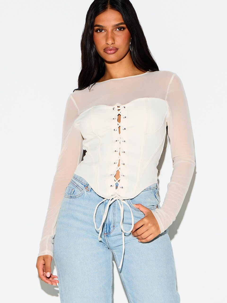 KIZN Long Sleeve Mesh Top With Lace-Up Corset Detail