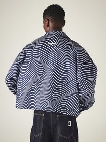 SUMWON Crop Fit Oversized Wavy Swirl Print Satin Jacket With Spread Collar Long Sleeve Button Front Closure All Over Abstract Navy Pattern - Navy Blue - View 2