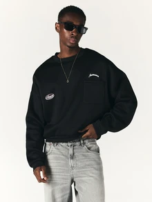 SUMWON Oversized Crew Neck Sweatshirt With Chest Pocket Embroidery And Logo Patch Detail Long Sleeve Pullover Top - Black - View 6