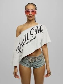 SUMWON WOMEN Off Shoulder Asymmetric Hem Graphic Script Print Crop Top - Oversized Boxy Fit One Shoulder Festival Party Summer Top - Light Grey - View 1