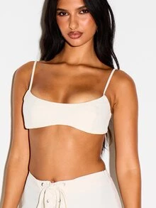 KIZN Scoop Neck Sleeveless Bralette Crop Top With Back Zipper Closure Thin Straps Fitted Summer Festival Style - Apricot - View 4