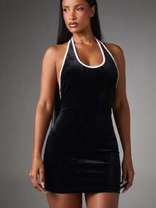 BABYPHAT Velvet Halter Mini Dress With Open Back And Pink Contrast Trim Logo Script Detail Party Night Out - Black - View 2
