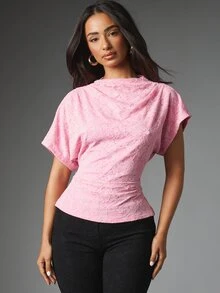 MISSGUIDED Floral Lace Batwing Short Sleeve High Neck Ruched Fitted Blouse Top Spring Party Date Night - Pink - View 1