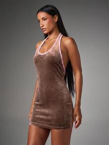 BABYPHAT Velour Halter Mini Dress With Open Back And Pink Contrast Trim Embroidered Logo Bodycon Fit - Chocolate Brown - View 4