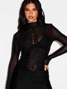 KIZN Black Mesh Long Sleeve Mini Dress With Floral Embroidery Applique High Neck Ruched Bodycon Party Night Out Holiday - Black - View 5