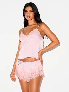 KIZN Satin Lace Trim Cami And Shorts Lounge Set V-Neck Adjustable Straps Floral Lace Hem Co-Ord Pajama Two-Piece Valentine Night Set - Dusty Pink - View 4