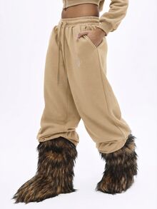 BABYPHAT Oversized Jogger Sweatpants With Rhinestone Logo Detail, Elasticated Drawstring Waist And Relaxed Wide Leg Fit - Beige - View 3