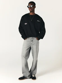 SUMWON Oversized Crew Neck Sweatshirt With Chest Pocket Embroidery And Logo Patch Detail Long Sleeve Pullover Top - Black - View 3