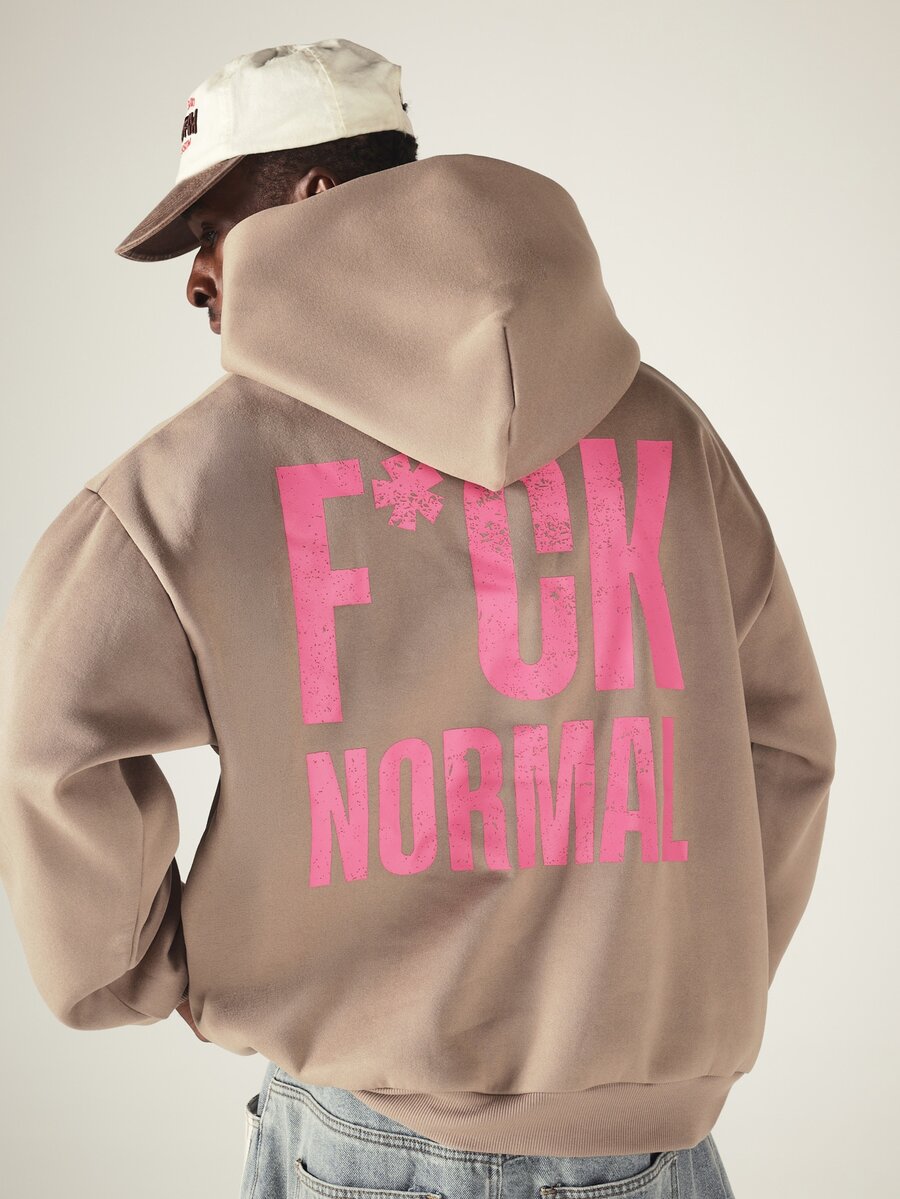 SUMWON Oversized Pullover Hoodie With Bold F*Ck Normal Back Slogan Print And Chest Logo Patch Perfect For Casual Winter Streetwear - Mocha Brown - View 1