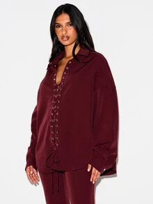 KIZN Oversized Lace-Up Front Collared Shirt With Metal Eyelets Long Sleeve Drop Shoulder Longline Top Fall Winter Essential - Red - View 4