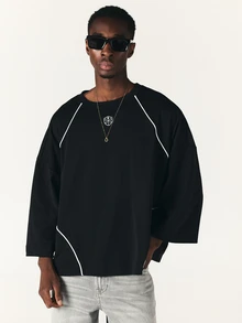 SUMWON Oversized Long Sleeve Crew Neck Tee With Contrast Piping And Varsity Number 90 Back Print Street Style Top - Black - View 2