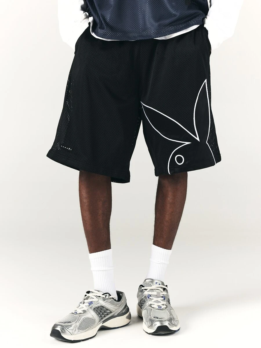 PLAYBOY X SUMWON Bunny Oversized Mesh Basketball Shorts With Large Logo Print Elasticated Waist Knee Length Summer Streetwear - Black - View 1