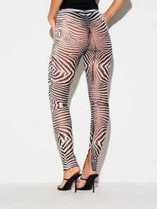 KIZN Zebra Print Sheer Mesh High Rise Leggings With Front Split Hem And Skinny Full Length Leg Style - Black - View 2