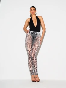 KIZN Zebra Print Sheer Mesh High Rise Leggings With Front Split Hem And Skinny Full Length Leg Style - Black - View 3