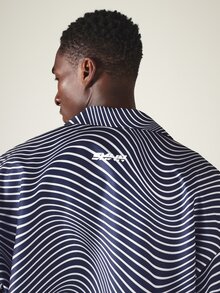 SUMWON Crop Fit Oversized Wavy Swirl Print Satin Jacket With Spread Collar Long Sleeve Button Front Closure All Over Abstract Navy Pattern - Navy Blue - View 6
