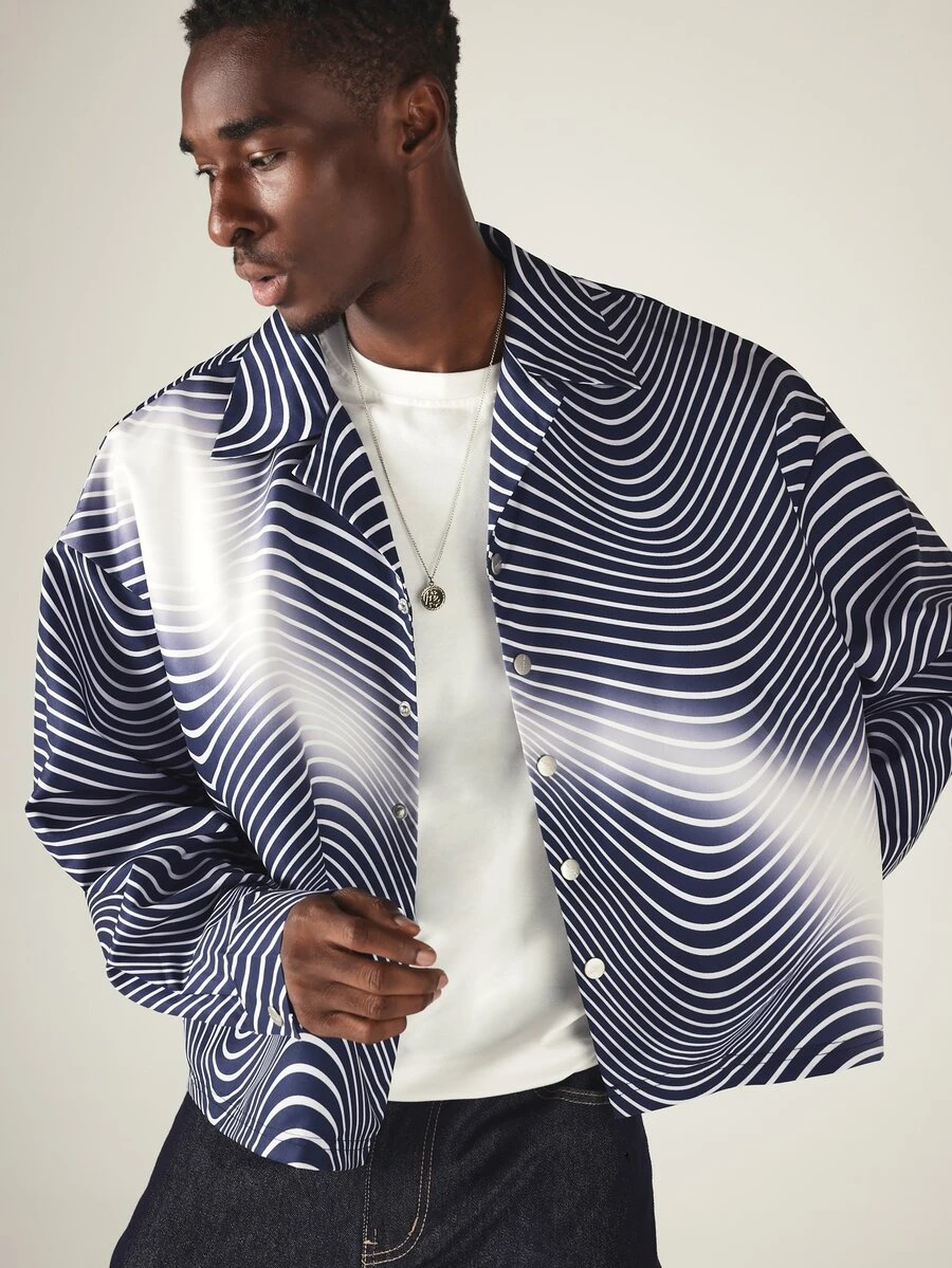 SUMWON Crop Fit Oversized Wavy Swirl Print Satin Jacket With Spread Collar Long Sleeve Button Front Closure All Over Abstract Navy Pattern - Navy Blue - View 1