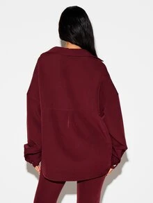 KIZN Oversized Lace-Up Front Collared Shirt With Metal Eyelets Long Sleeve Drop Shoulder Longline Top Fall Winter Essential - Red - View 2