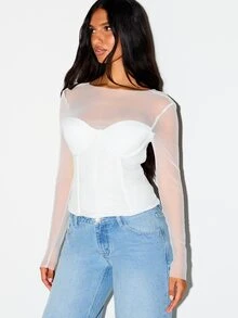 KIZN Mesh Long Sleeve Corset Top With Sweetheart Bustier Lace-Up Back Detail Crop Length Party Night Out - White - View 1