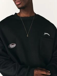 SUMWON Oversized Crew Neck Sweatshirt With Chest Pocket Embroidery And Logo Patch Detail Long Sleeve Pullover Top - Black - View 5