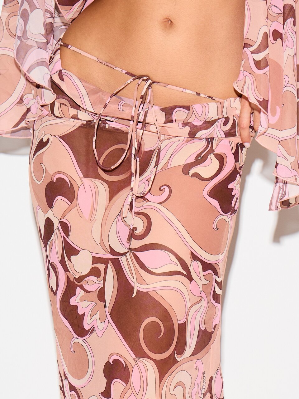 KIZN Chiffon Maxi Skirt With Tie Front And Swirl Print