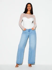 KIZN Mesh Long Sleeve Corset Top With Sweetheart Bustier Lace-Up Back Detail Crop Length Party Night Out - White - View 4
