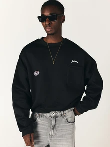 SUMWON Oversized Crew Neck Sweatshirt With Chest Pocket Embroidery And Logo Patch Detail Long Sleeve Pullover Top - Black - View 1