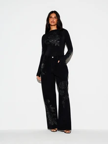 KIZN High Rise Wide Leg Black Denim Jeans With Rhinestone Floral Rose Crystal Embellishment Full Length Palazzo Style Party Festive Evening Statement Pants - Black - View 2