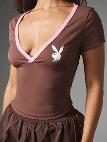 Missguided x Playboy Bunny Logo V-Neck Short Sleeve Fitted Top With Pink Contrast Trim Detail Summer Festival Style - Grey - View 2