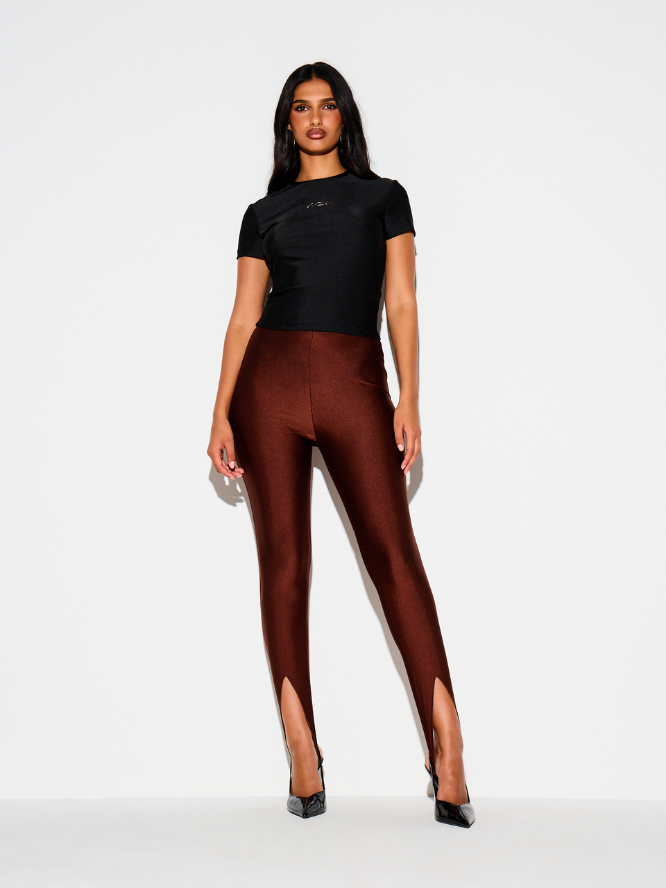 KIZN High Rise Glossy Satin Finish Leggings With Front Split Hem Skinny Fit Full Length Stretch Pull On Style Fall Winter