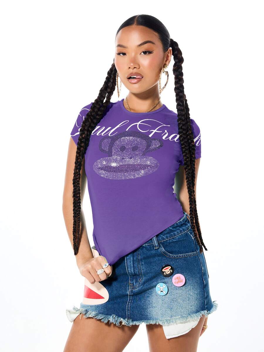 SUMWON X PAUL FRANK SUMWON WOMEN Monkey Rhinestone Graphic Crew Neck Crop Tee Short Sleeve Slim Fit T-Shirt Holiday Party Spring Summer - Purple - View 1