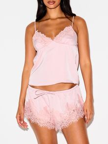 KIZN Satin Lace Trim Cami And Shorts Lounge Set V-Neck Adjustable Straps Floral Lace Hem Co-Ord Pajama Two-Piece Valentine Night Set - Dusty Pink - View 5