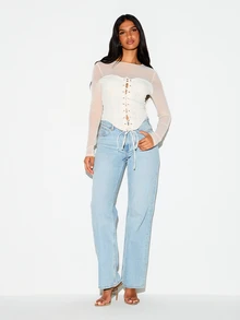 KIZN Mesh Long Sleeve Corset Top With Lace-Up Front Detail Sweetheart Boning Keyhole Back Cut-Out Spring Night Out Party - Beige - View 3