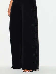 KIZN Wide Leg High Rise Dress Pants With Oriental Frog Button Side Detail And Split Hem For Evening Party Holiday Occasion - Black - View 4