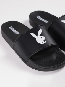 PLAYBOY X SUMWON Sandal Selop Logo Kelinci, Sandal Datar Ujung Terbuka, Tali Tunggal, Sandal Musim Panas untuk Pantai dan Kolam Renang - Hitam - View 4