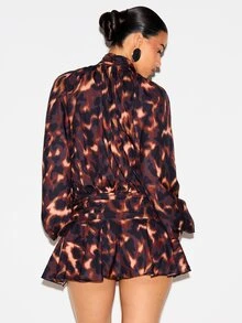 KIZN Abstract Blurred Leopard Print Satin Romper With High Neck Tie Detail Puff Long Sleeves Elastic Waist And Ruffled Mini Shorts Fall Party - Brown - View 2