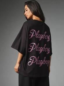 Missguided x Playboy Oversized Crew Neck T-Shirt With Pink Zebra Print Bunny Logo And Repeat Script Back Graphic Summer Casual Tee - Black - View 1