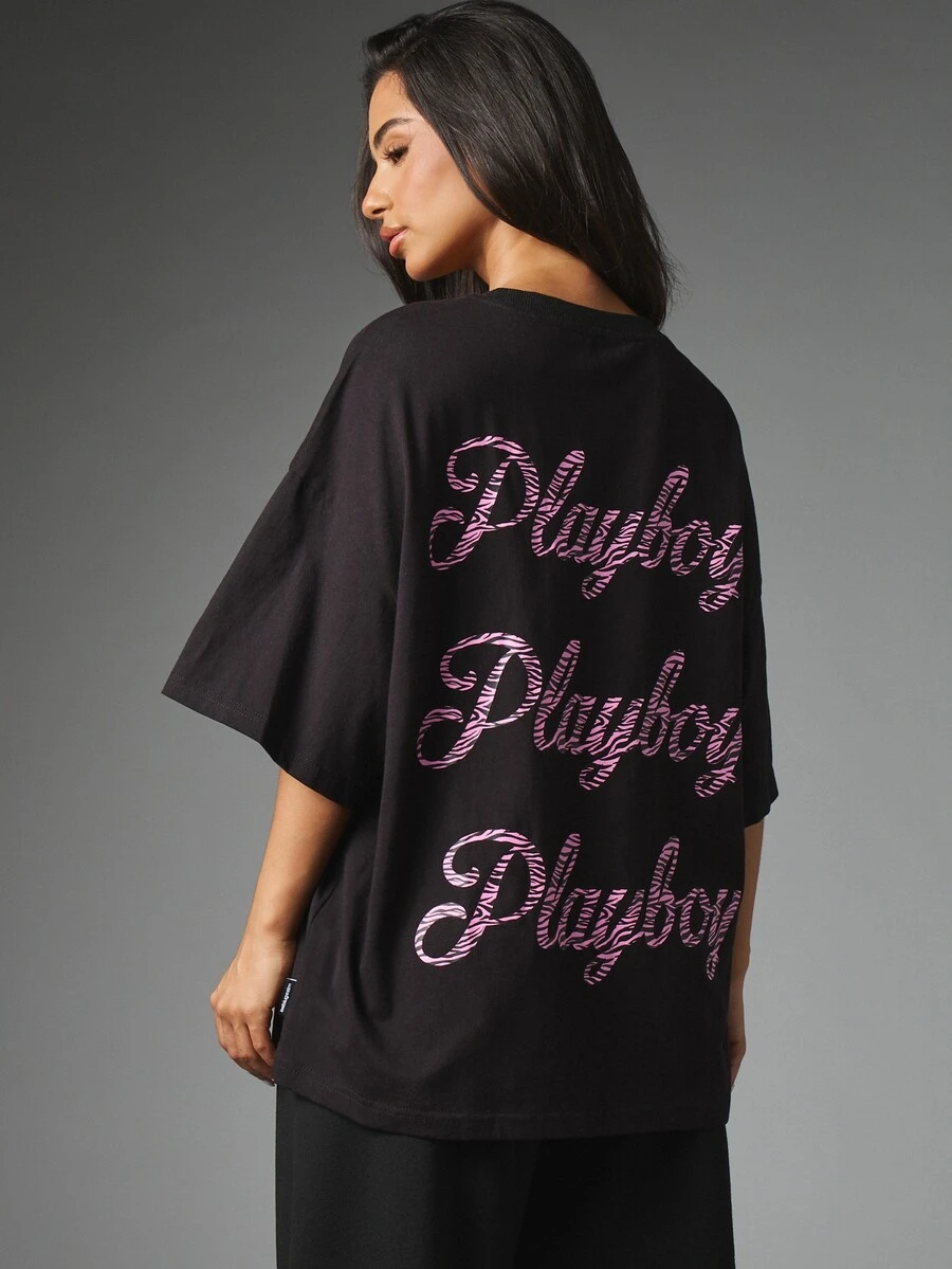 Missguided x Playboy Oversized Crew Neck T-Shirt With Pink Zebra Print Bunny Logo And Repeat Script Back Graphic Summer Casual Tee - Black - View 1