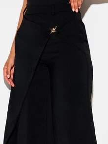 KIZN Wide Leg Wrap Front High Rise Dress Pants With Gold Hardware Detail And Side Pockets For Evening Party And Holiday Occasions - Black - View 5