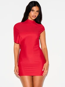 KIZN Red Backless Mini Dress With High Neck Open Back Draped Overlay Short Sleeve Bodycon Silhouette Night Out Party Holiday - Red - View 4