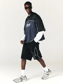 PLAYBOY X SUMWON Bunny Oversized Mesh Basketball Shorts With Large Logo Print Elasticated Waist Knee Length Summer Streetwear - Black - View 4