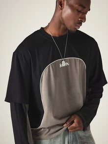 SUMWON Crop Fit Color Block Long Sleeve Oversized Tee With Varsity Number 26 Back Print And Contrast Piping Crew Neck Top - Black - View 4