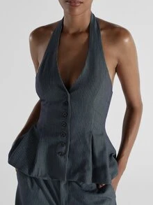 KSTM Pinstripe Halter Vest Top With Deep V-Neck Peplum Hem And Button Front Closure - Tailored Suiting Style Spring Office - Grey - View 4
