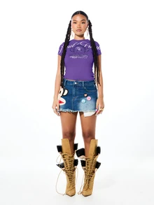 SUMWON X PAUL FRANK SUMWON WOMEN Monkey Rhinestone Graphic Crew Neck Crop Tee Short Sleeve Slim Fit T-Shirt Holiday Party Spring Summer - Purple - View 5