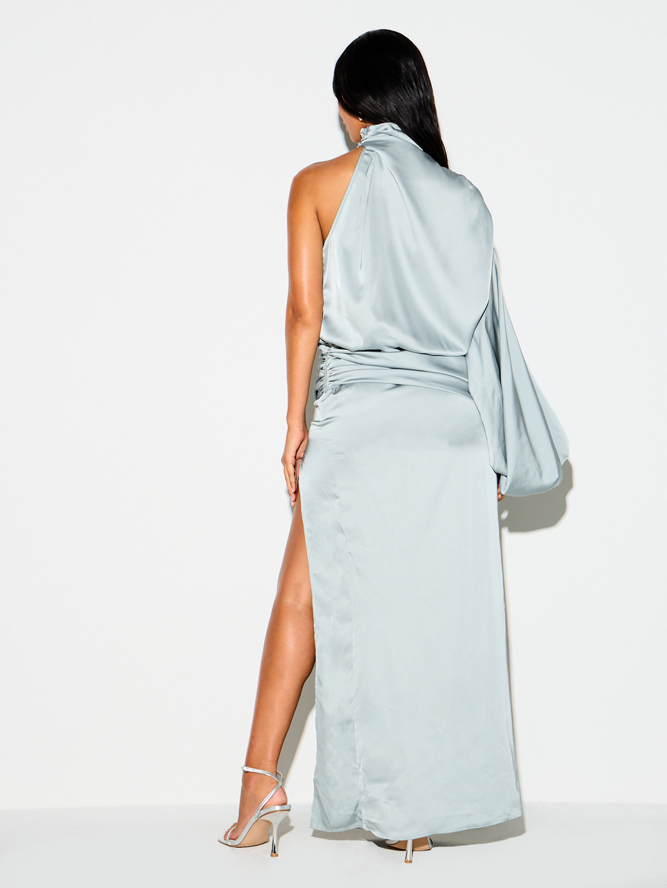KIZN Satin High Neck Maxi Dress With Batwing Sleeve And Thigh Slit