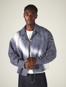 SUMWON Crop Fit Oversized Wavy Swirl Print Satin Jacket With Spread Collar Long Sleeve Button Front Closure All Over Abstract Navy Pattern - Navy Blue - View 4