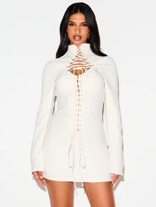 KIZN Lace-Up Front Mini Dress With High Neck Bell Long Sleeves Metal Eyelets Corset Style Party Night Out Winter Holiday - Apricot - View 1