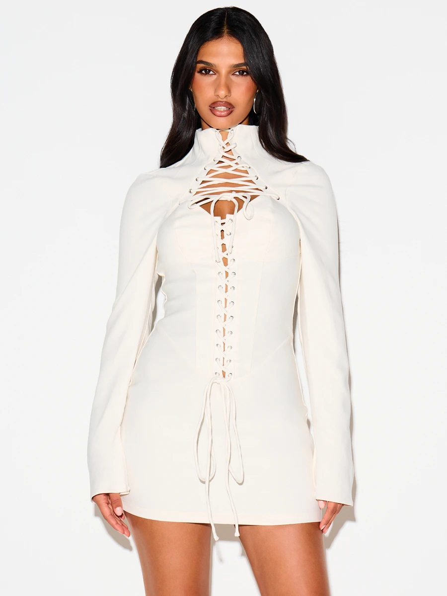 KIZN Lace-Up Front Mini Dress With High Neck Bell Long Sleeves Metal Eyelets Corset Style Party Night Out Winter Holiday - Apricot - View 1